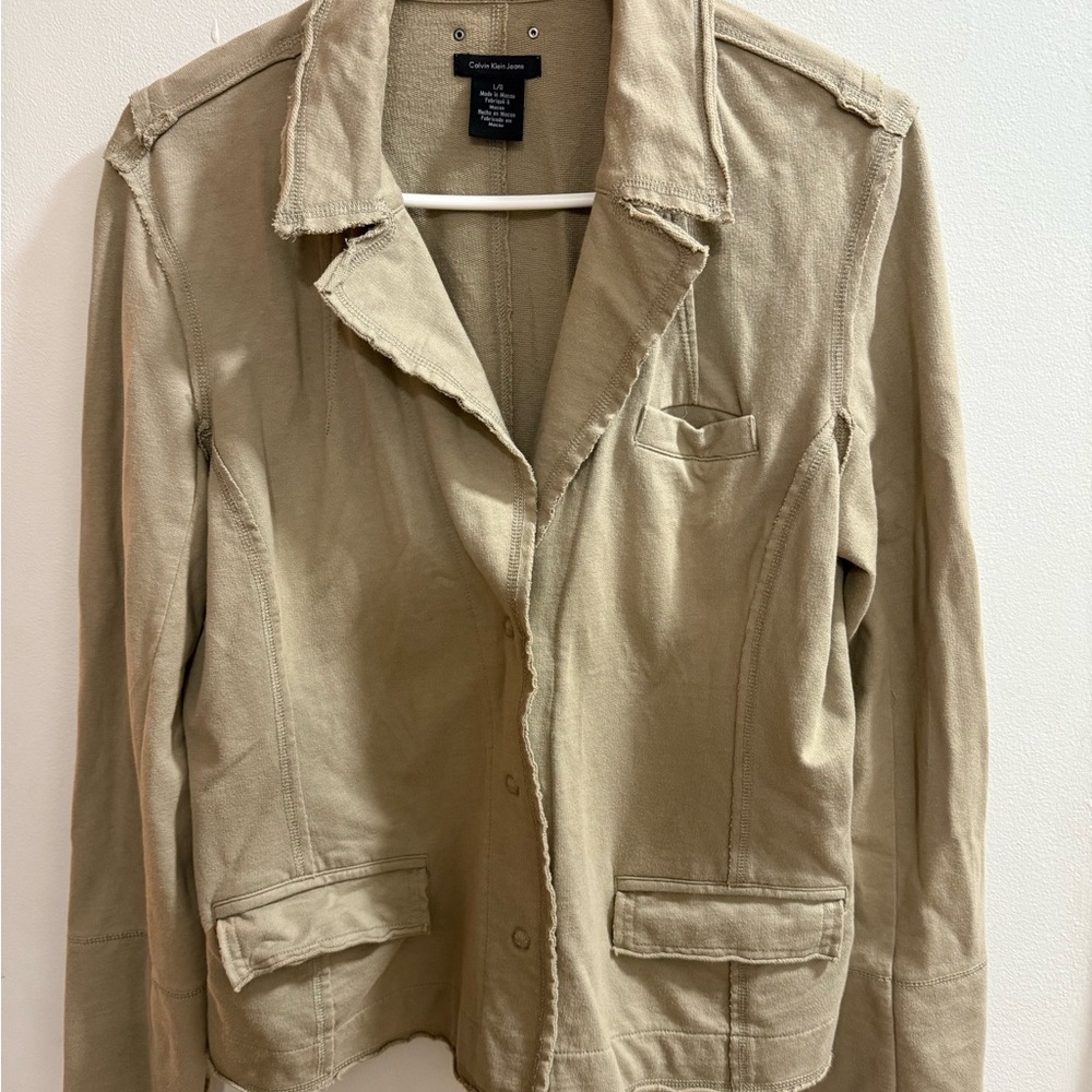 Calvin Klein Jeans Tan‎ Khaki Knit Raw Edge Blazer Jacket Womens Large